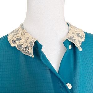 Vintage Lace Collar Blouse Chiffon Semi Sheer Teal Blue Womens Size S